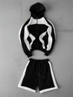 Мужской Черно-Белый Костюм на Молнии с Капюшоном - Худи Зипка + Шорты