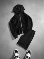 Мужской Черный Костюм на Молнии с Капюшоном - Худи Зипка + Шорты