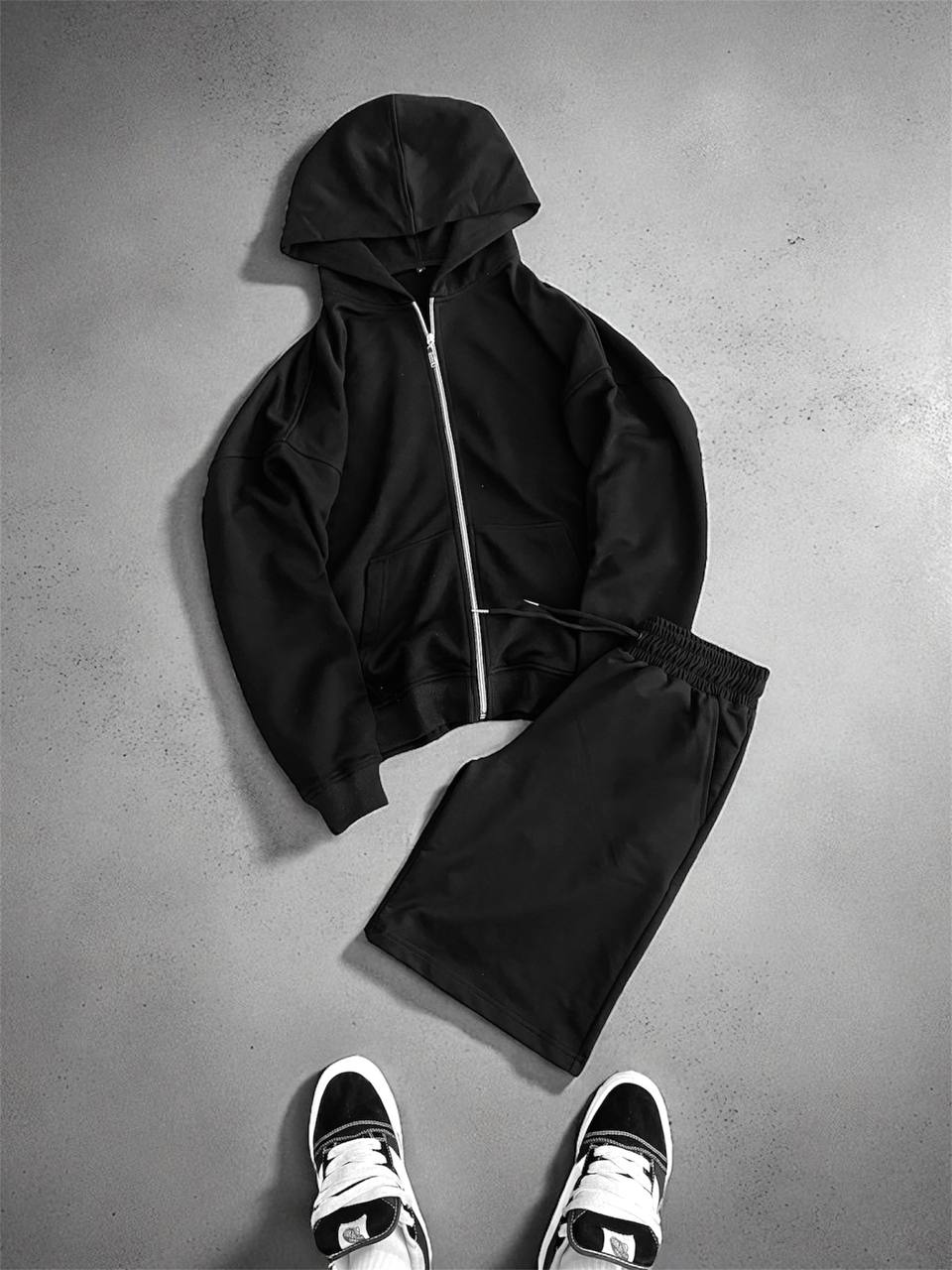 photo_2025-07-29_10-40-20 Мужской Черный Костюм на Молнии с Капюшоном - Худи Зипка + Шорты