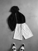 Мужской Костюм на Молнии с Капюшоном - Черная Зипка и Белые Шорты