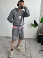 Мужской Серый Костюм на Молнии с Обрезаными Краями - Комплект Зип Худи и Шорты