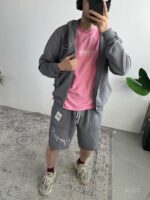 Мужской Серый Костюм на Молнии с Обрезаными Краями - Комплект Зип Худи и Шорты