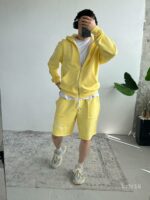 Мужской Желтый Костюм на Молнии с Обрезаными Краями - Комплект Зип Худи и Шорты