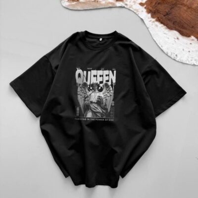 Мужская Черная Футболка Хлопок Оверсайз с Принтом “Queeen”