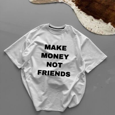 Мужская Белая Футболка Хлопок Оверсайз с Надписью “Make Money Not Friends”