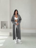 Женский Пушистый Серый Кардиган - Удлиненный Свободного Кроя
