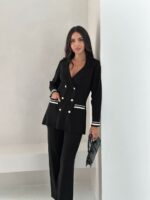 Женский Черный Костюм Трикотаж - Жакет с Пуговицами + Свободные Штаны Палаццо