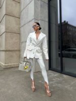 Женские Белые Леггинсы Микс с Фигурными Штрипками