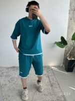 Мужской Зеленый Летний Костюм Футболка Шорты Свободного Кроя с Окантовкой