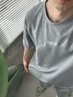Мужской Летний Костюм Серый Меланж Футболка Шорты Свободного Кроя с Окантовкой