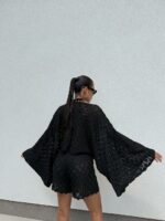 Женский Летний Пляжный Вязаный Черный Костюм Свободного Кроя с Широкими Рукавами (Кофта + Шорты)