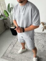 Мужской Летний Серый Меланж Костюм Футболка Шорты Свободного Кроя с Необработанными Краями