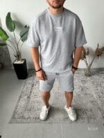 Мужской Летний Серый Меланж Костюм Футболка Шорты Свободного Кроя с Необработанными Краями