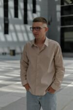 Мужская Классическая Хлопковая Бежевая Рубашка Свободного Прямого Кроя