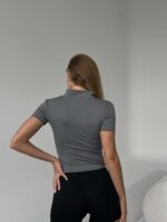 Женский Спортивный Графитовый Кроп Топ на Молнии с Короткими Рукавами