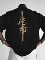 Мужская Черная Футболка Оверсайз - Объемная с Принтом Катана на Спине