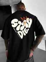 Мужская Черная Футболка Оверсайз - Объемная с Принтом "Stay Die"
