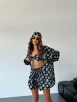 Женский Шелковый Летний Черно-Белый Костюм Комплект Четверка в Принт - Топ + Шорты + Рубашка + Бандана