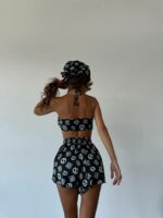 Женский Шелковый Летний Черно-Белый Костюм Комплект Четверка в Принт - Топ + Шорты + Рубашка + Бандана