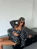 Женский Шелковый Летний Черно-Белый Костюм Комплект Четверка в Принт - Топ + Шорты + Рубашка + Бандана