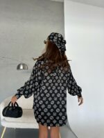 Женский Шелковый Летний Черно-Бежевый Костюм Комплект Четверка в Принт - Топ + Шорты + Рубашка + Бандана