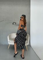 Женский Шелковый Летний Черно-Бежевый Костюм Комплект Четверка в Принт - Топ + Шорты + Рубашка + Бандана