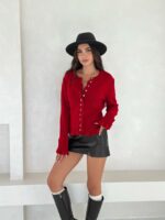 Женский Красный Кардиган на Пуговицах с Рюшами