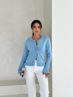 Женский Голубой Кардиган на Пуговицах с Рюшами