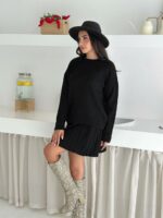 Женский Мягкий Трикотажный Черный Костюм (Кофта + Юбка)