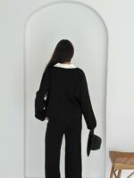 Женский Трикотажный Черный Костюм с Контрастным Воротником - Свитер Оверсайз + Широкие Штаны