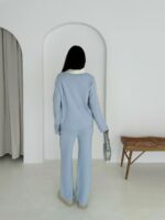 Женский Трикотажный Голубой Костюм с Контрастным Воротником - Свитер Оверсайз + Широкие Штаны