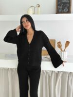 Женский Трикотажный Черный Костюм Оверсайз в Фактурную Полоску - Кардиган + Широкие Штаны