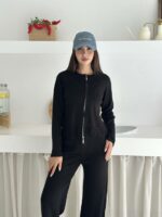 Женский Трикотажный Черный Костюм Двойка - Джемпер на Молнии + Штаны Палаццо