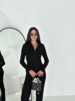 Женский Трикотажный Черный Костюм в Рубчик - Джемпер на Змейке с Воротником + Штаны Палаццо