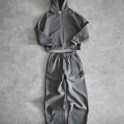 Мужской Графитовый Спортивный Костюм Объемный Оверсайз - Зип Худи + Широкие Штаны
