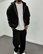 Мужской Черный Спортивный Костюм Объемный Оверсайз - Зип Худи + Широкие Штаны