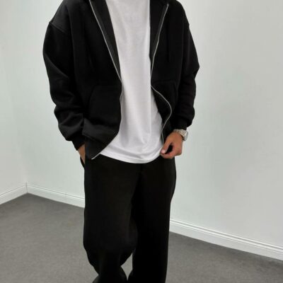 Мужской Черный Спортивный Костюм Объемный Оверсайз - Зип Худи + Широкие Штаны