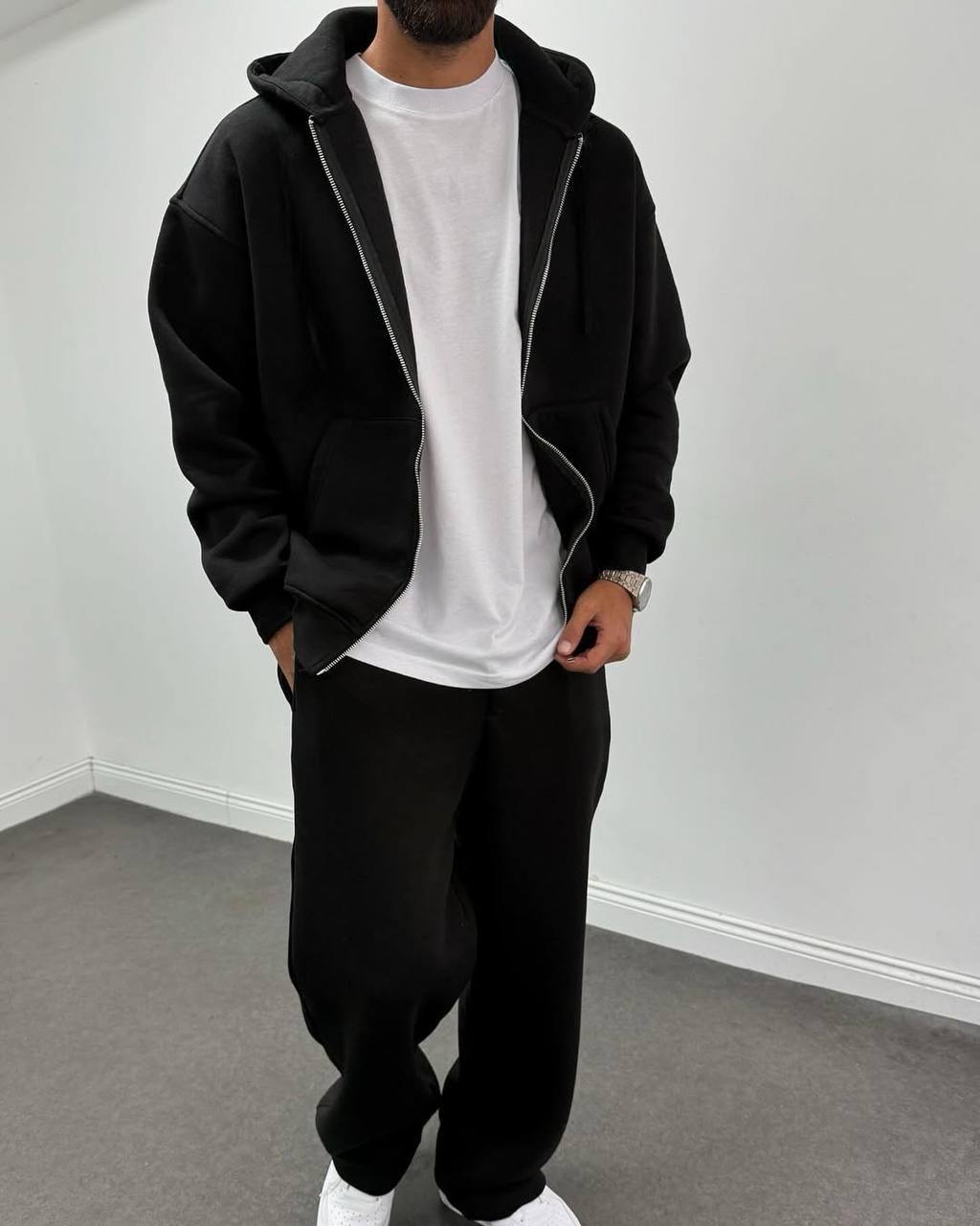 photo_2025-08-18_09-17-14 Мужской Черный Спортивный Костюм Объемный Оверсайз - Зип Худи + Широкие Штаны