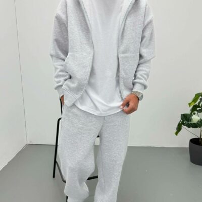 Мужской Серый Спортивный Костюм Объемный Оверсайз - Зип Худи + Широкие Штаны