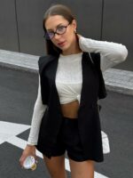 Женский Черный Костюм с Разрезами на Талии (Жилетка + Шорты)
