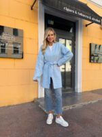 Женский Голубой Кардиган-Кимоно Свободного Кроя с Поясом