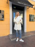 Женский Белый Кардиган-Кимоно Свободного Кроя с Поясом