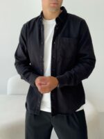 Мужская Плотная Хлопковая Черная Рубашка Прямого Кроя с Карманом на Груди