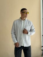 Мужская Плотная Хлопковая Серая Рубашка Прямого Кроя с Карманом на Груди