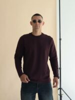 Мужской Базовый Бордовый Лонгслив Свободного Кроя с Круглым Вырезом