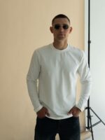 Мужской Базовый Белый Лонгслив Свободного Кроя с Круглым Вырезом