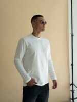 Мужской Базовый Белый Лонгслив Свободного Кроя с Круглым Вырезом