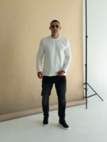 Мужской Базовый Белый Лонгслив Свободного Кроя с Круглым Вырезом