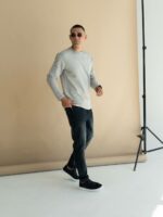 Мужской Базовый Серый Лонгслив Свободного Кроя с Круглым Вырезом