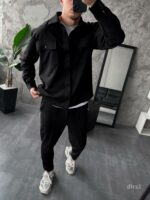Мужской Плотный Свободный Черный Костюм с Накладными Карманами - Рубашка на Кнопках + Штаны со Стрелками